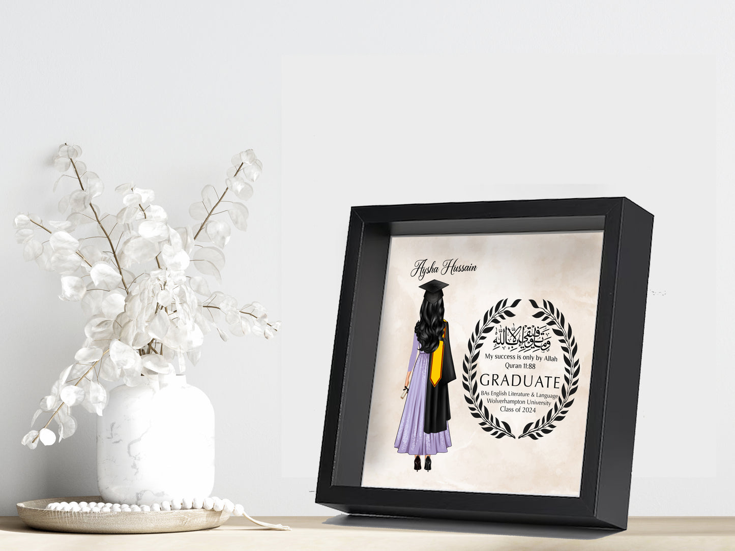 NEW Personalised 3D wooden effect Frame Personalised Graduation Shadow Box Frame – 25x25cm Deep Frame | My success is only by Allah