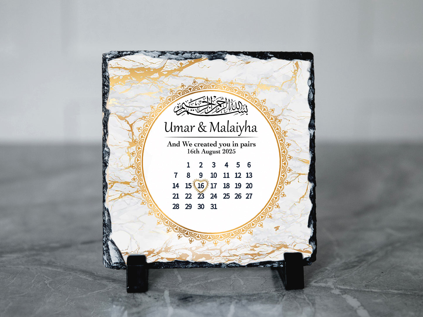 Personalised Wedding Islamic Frame Gift | Bismillah Nikkah Slate Frame | Calender Style Slate| Gold Print Design Calender Style | And we created You in pairs