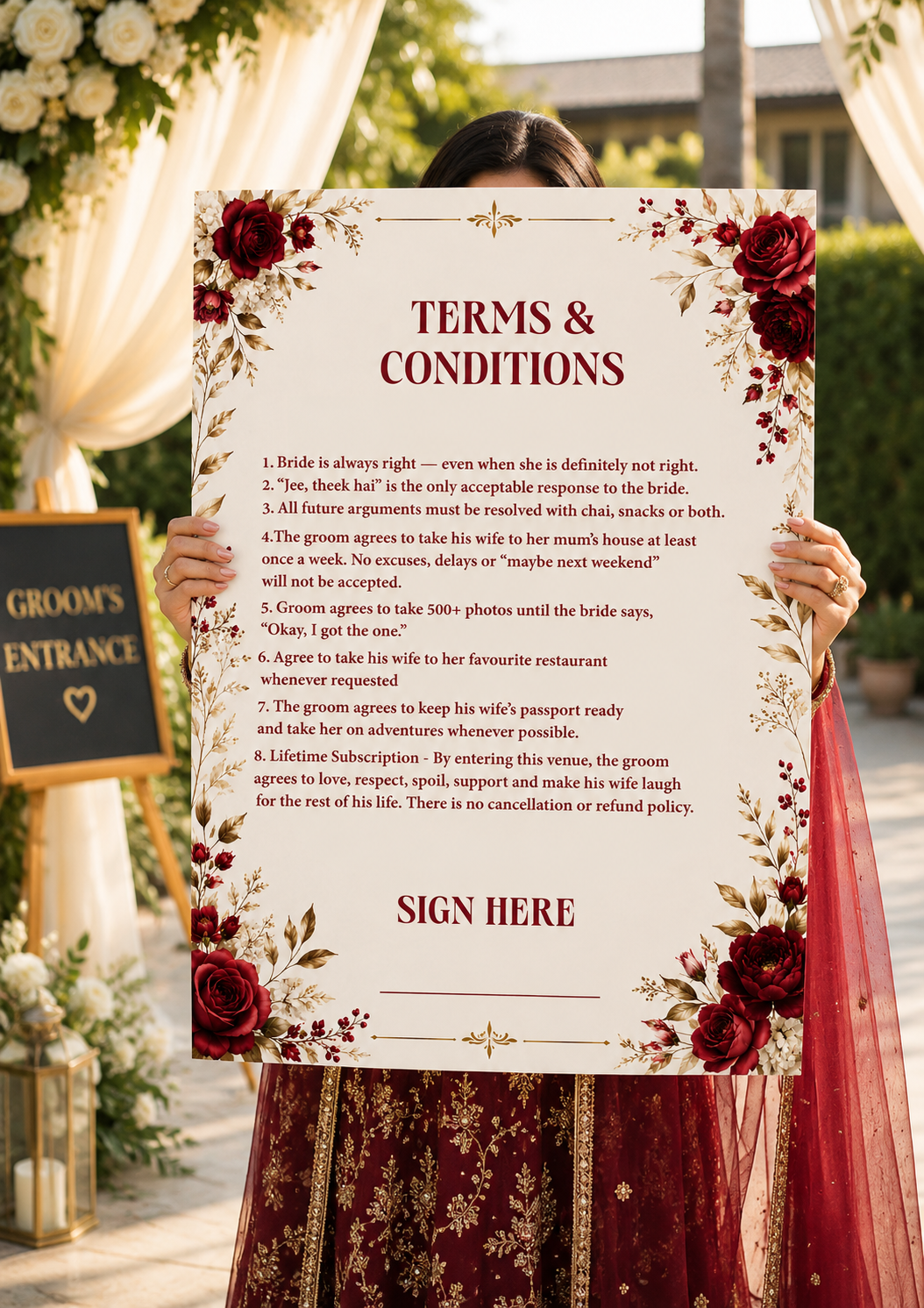 Terms & Conditions Wedding Signage Game| Groom Entrance gate Sign | Red Floral Theme | Desi Muslim Wedding Decor FOAM BOARD