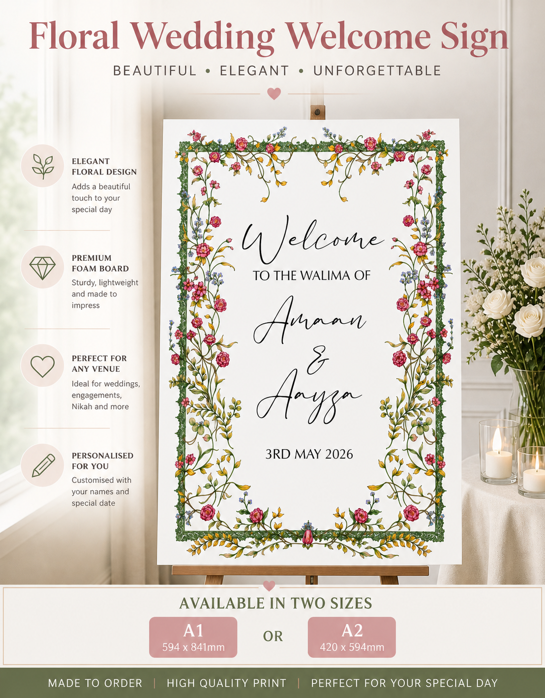 Personalised Wedding Sign | Foam Board Sign | A1 A2 Foam Board | Wedding Signage | Floral Pink | 5mm Thick Foam Board | Custom Wedding Sign | Walima Sign (Copy)