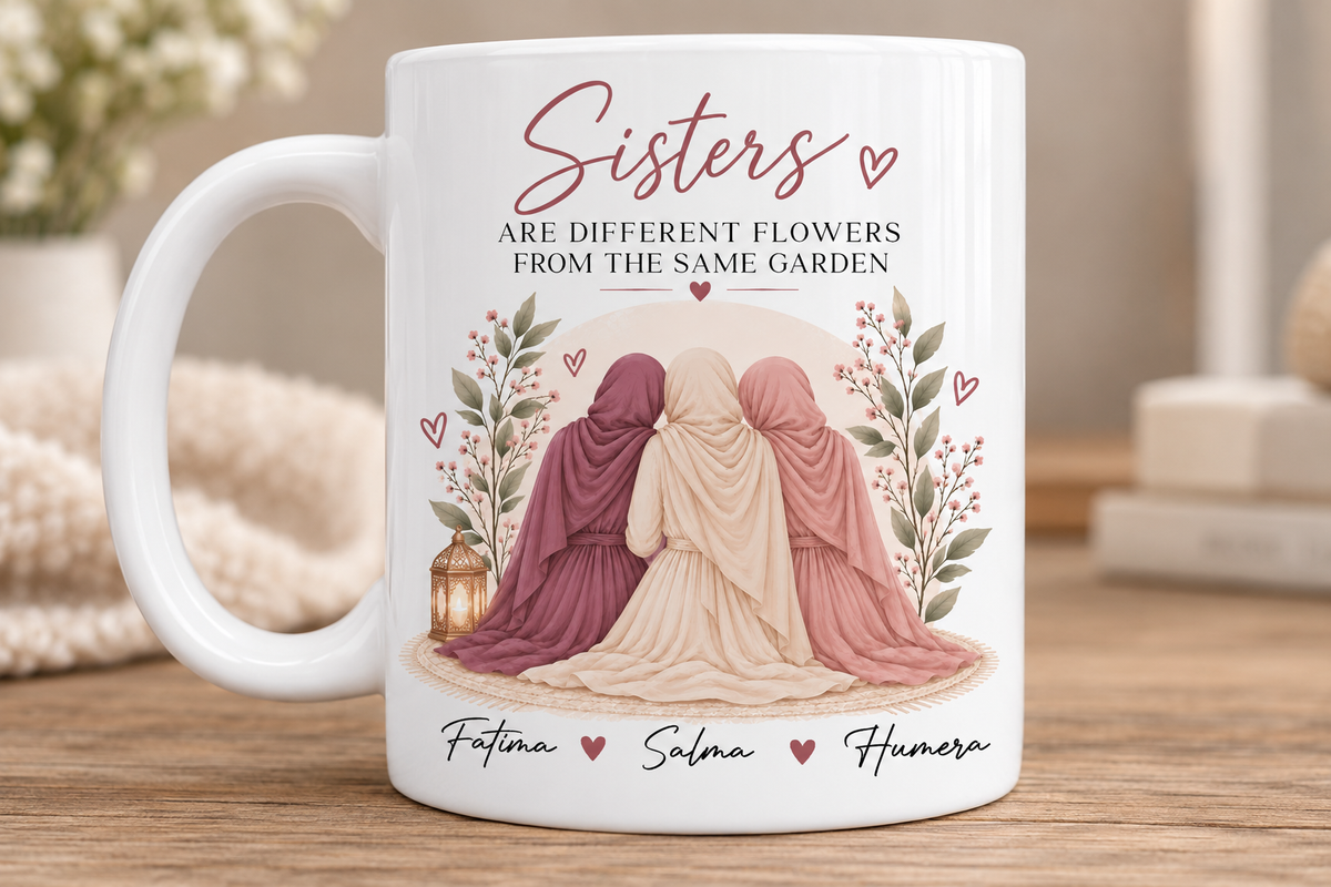 Personalised Sisters Mug | Different Flowers From The Same Garden | Sister Gift | Muslim Sister Gift | Hijabi Sisters Mug | Sister Birthday Gift
