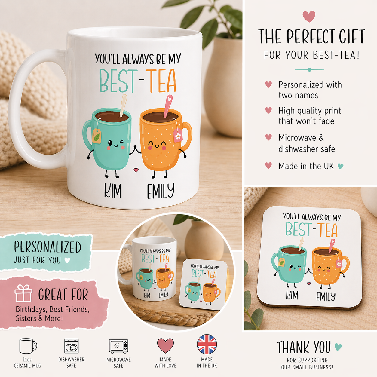 Personalised Best-Tea Mug • Custom Best Friends Mug • Cute Tea Mug Gift with Names • Best Friend Birthday Gift • Friendship Coffee Cup