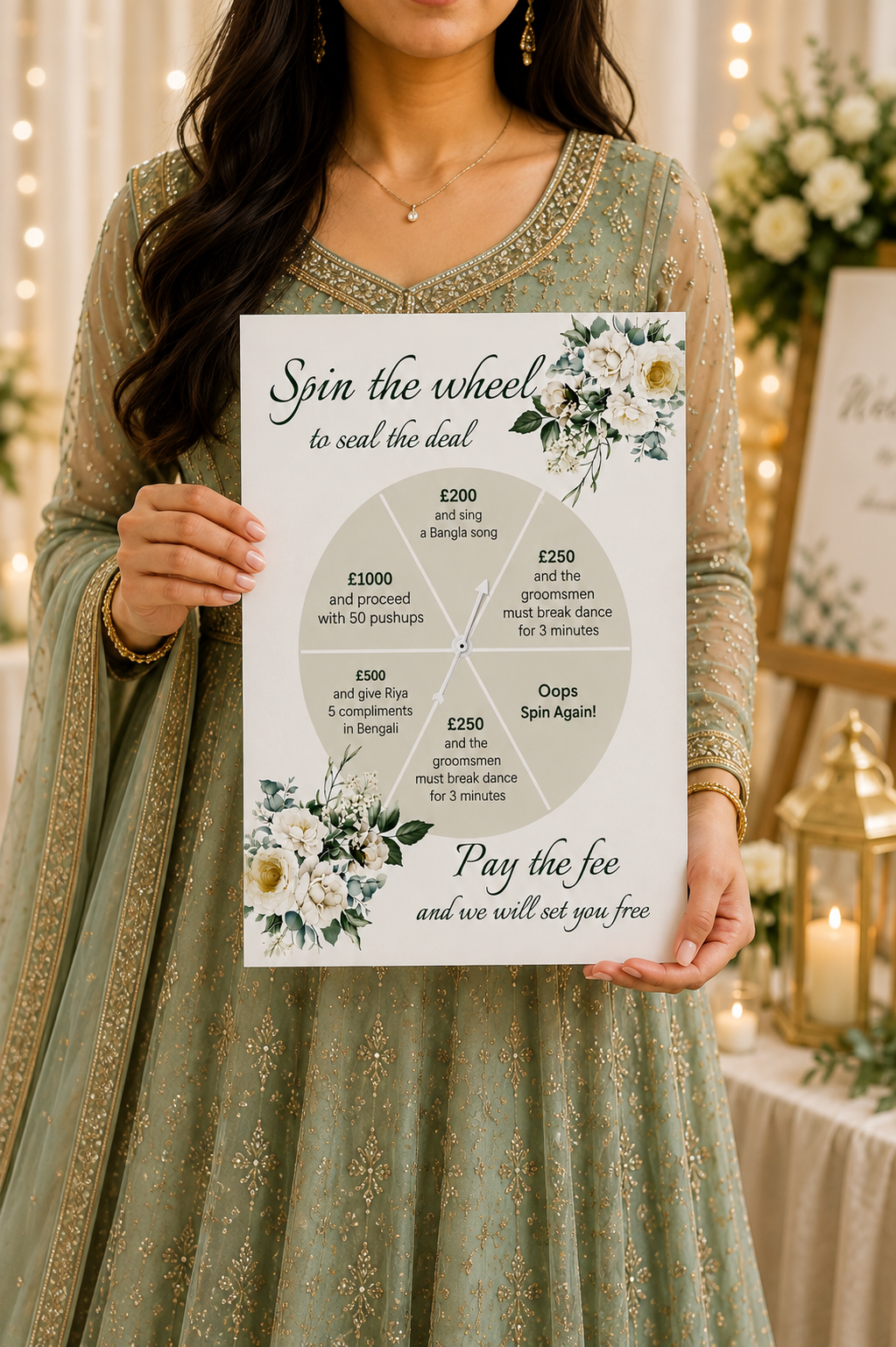 Spin the Wheel Gate Sign | Floral White and Green theme | Fun Games Groom Entrance Sign