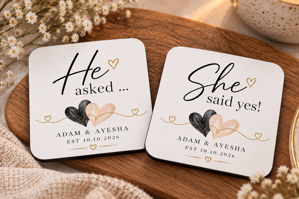 He Asked She Said Yes Mugs | Personalised Engagement Gift | Proposal Mug Set | Couple Coffee Mugs | Engagement Keepsake | EST Date