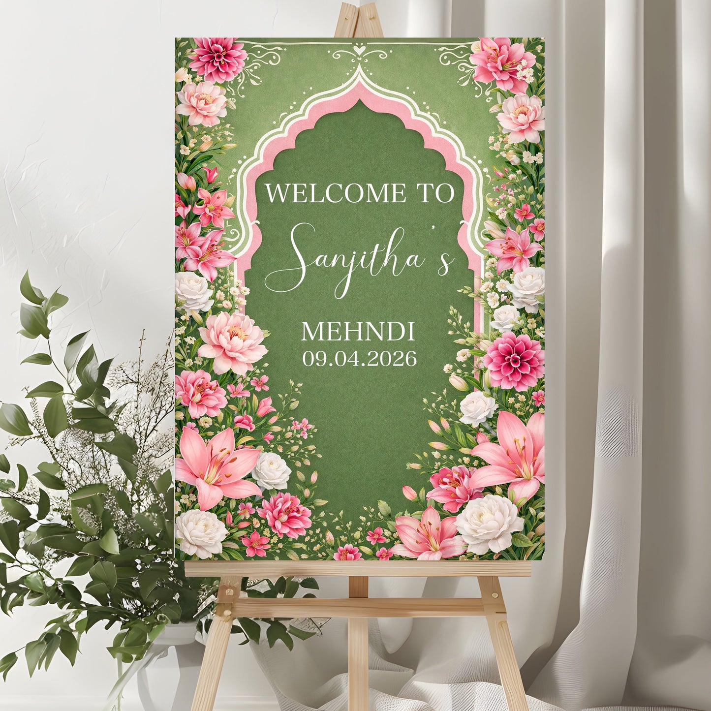 Personalised Mehendi Sign | Foam Board Sign | A1 A2 Foam Board | Mehendi Signage | Floral Pink & green| 5mm Thick Foam Board | Custom Wedding Sign