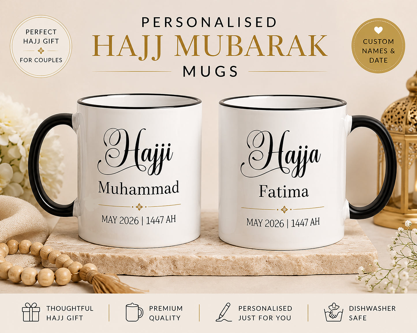 Personalised matching Hajj Mubarak Mugs | Hajji & Hajja Mugs | Hajj Mubarak Gift Set