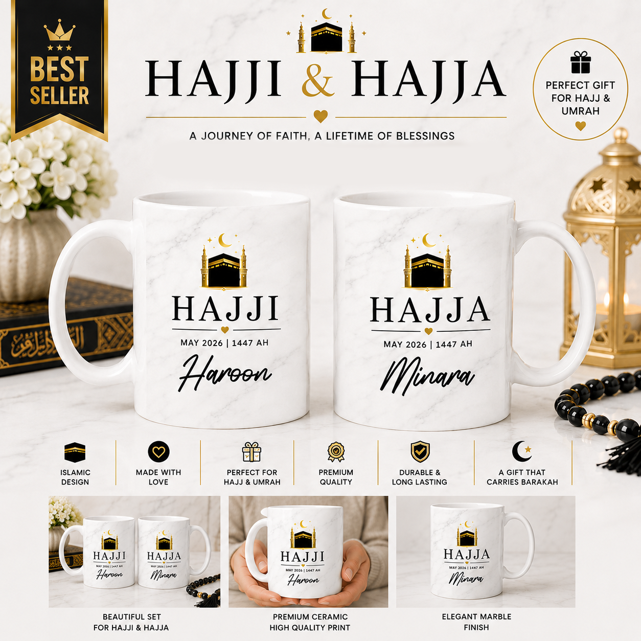 Personalised matching Hajj Mubarak Mugs | Hajji & Hajja Mugs | Hajj Mubarak Gift Set