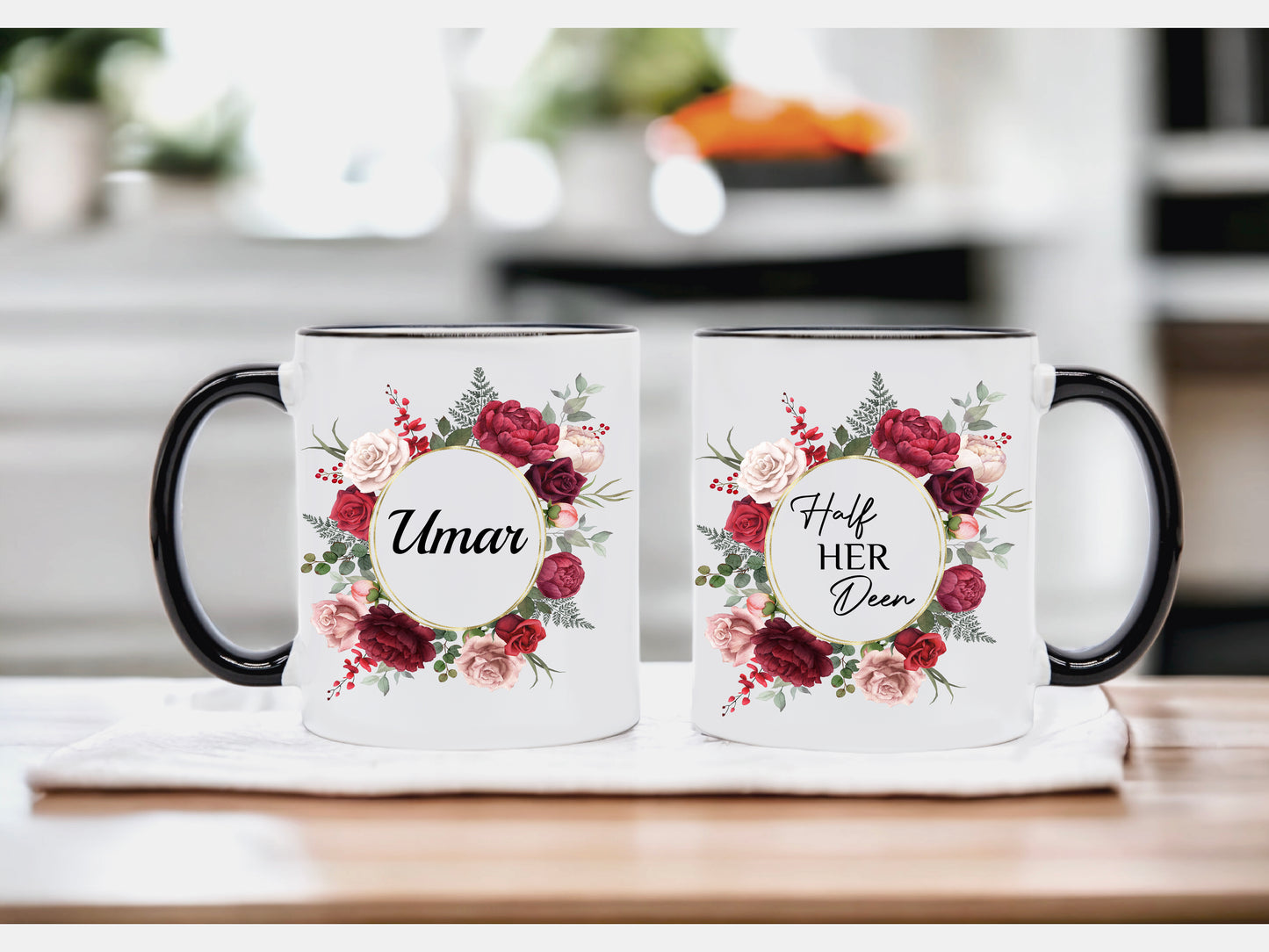 NEW Personalised Half her Deen (Husband) and Half his Deen (Wife) Mug set RED FLORAL FRAME