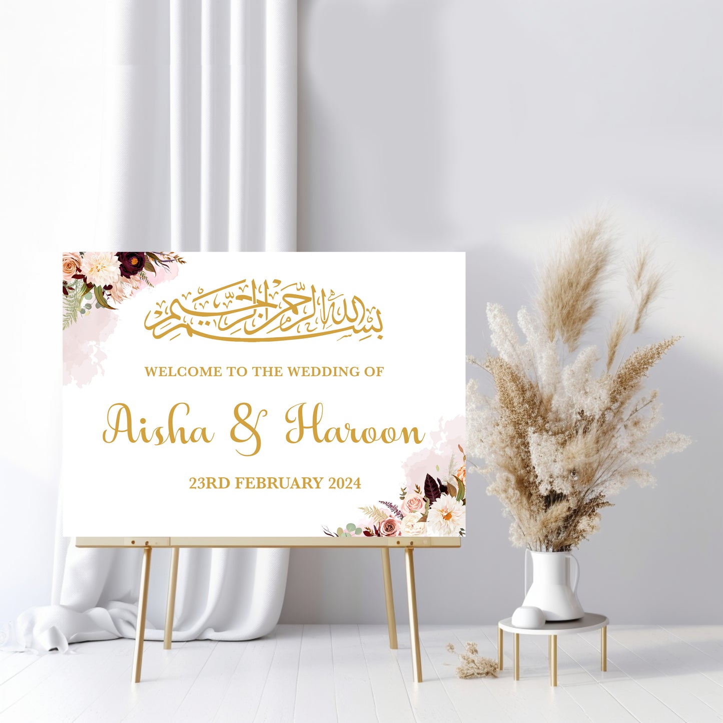 Personalised Bismillah Wedding Sign | Foam Board Sign | A1 A2 Foam Board | Wedding Signage | Floral Pink | Custom Wedding Sign| Lansdcape