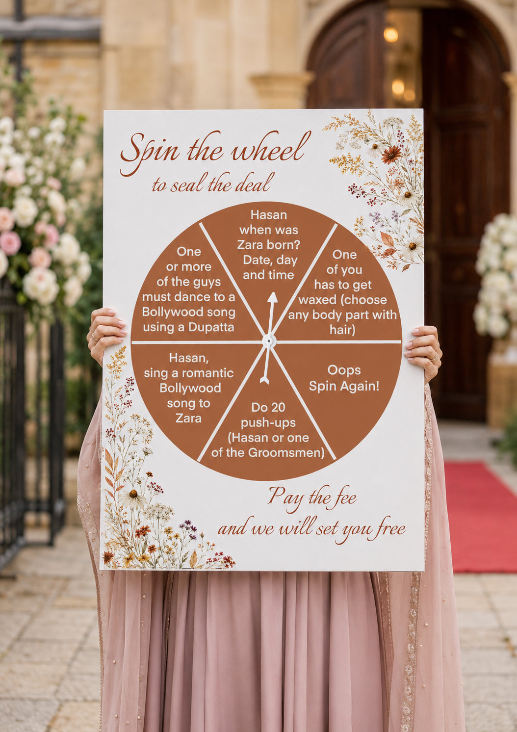Spin the Wheel Gate Sign | Grooms Entrance Sign | Orange Theme Spin the Wheel