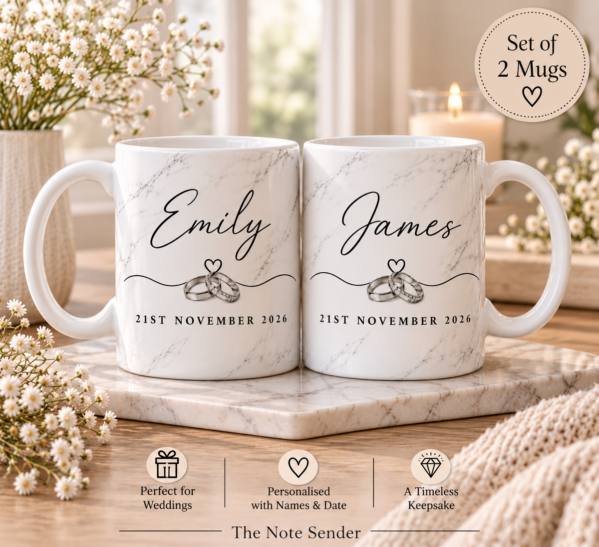 Personalised Wedding Mugs | Couple Name Mugs | Marble Effect Engagement Gift | Wedding Keepsake Set of 2