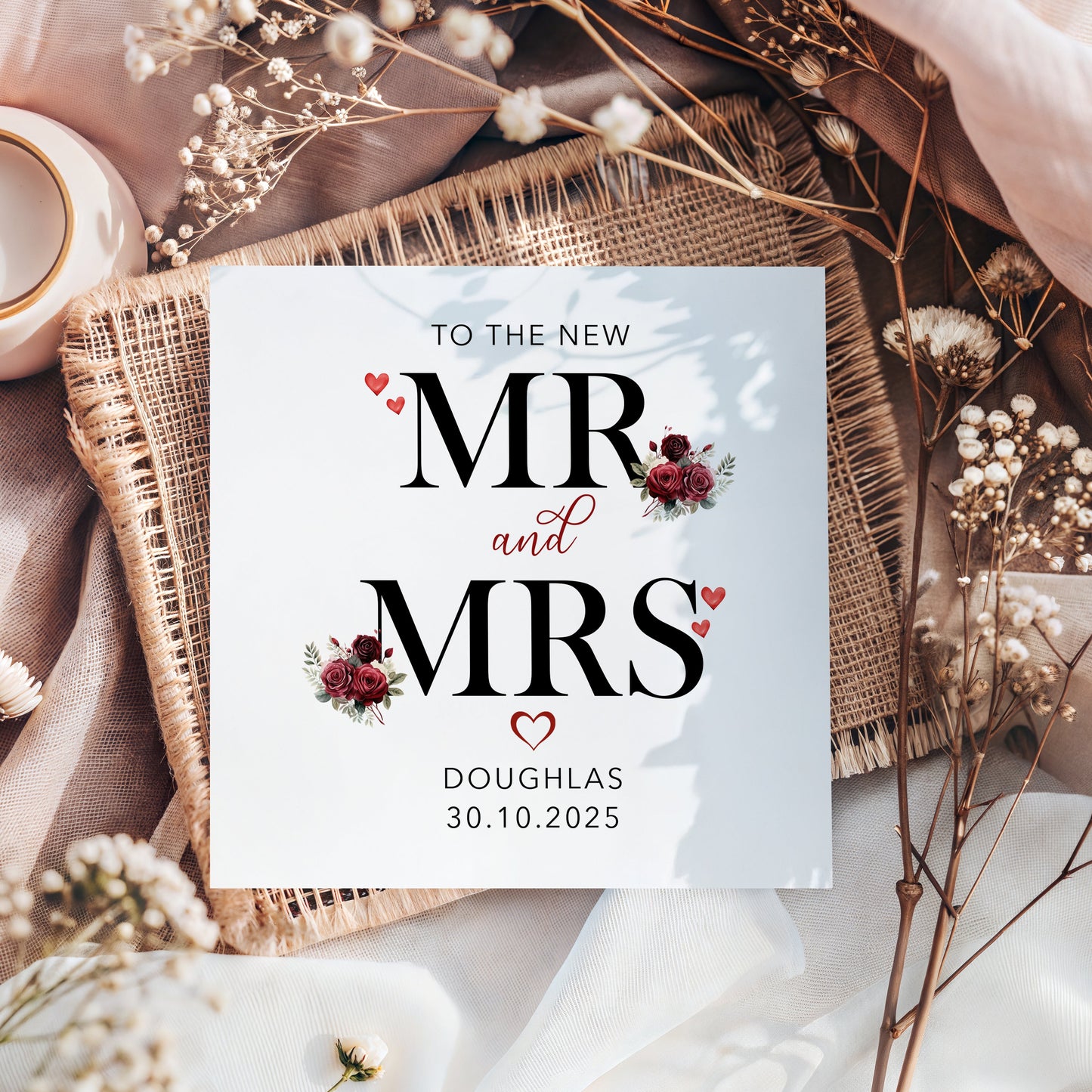 To the New Mr & Mrs Card | Personalised Wedding Card | Floral Red Alphabet | 6x6 Square White Card | Anniversary or Engagement |