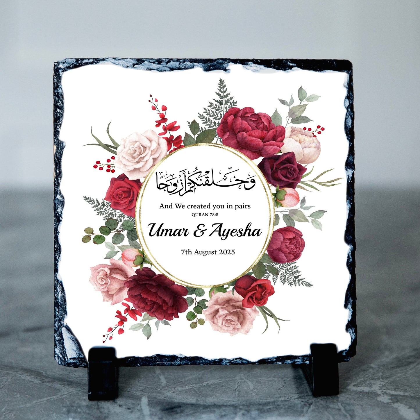 Personalised Red Wedding Floral Islamic Frame Gift |And We created you in pairs Nikkah Slate Frame | Red Floral Wedding Gift