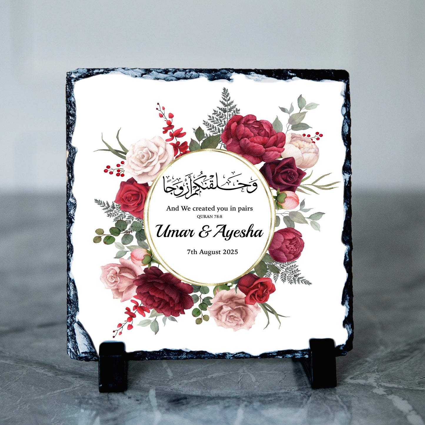 Personalised Red Wedding Floral Islamic Frame Gift |And We created you in pairs Nikkah Slate Frame | Red Floral Wedding Gift