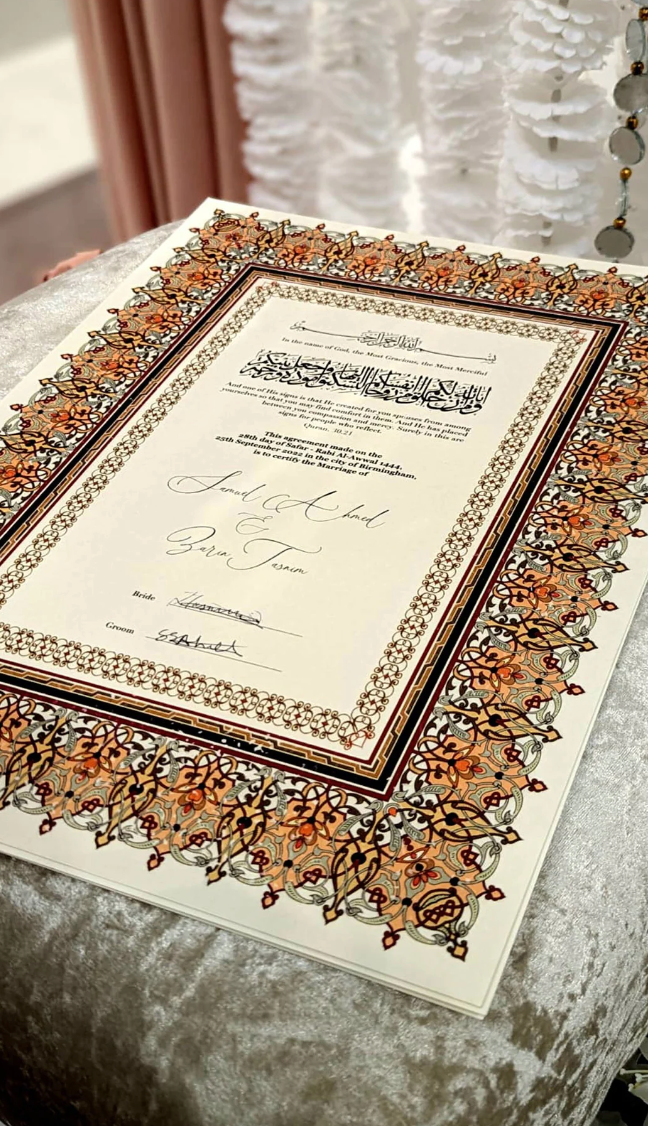 Luxury A4 Nikkah Nama Certificate on Textured card Stock | Gold Feather Pen & Cover available