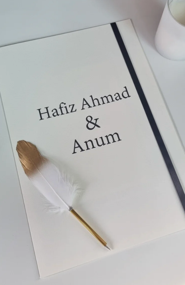 Luxury A4 Nikkah Nama Certificate on Textured card Stock | Gold Feather Pen & Cover available