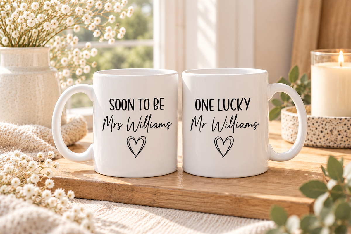 Personalised Engagement Mug Set | Soon To Be Mrs & One Lucky Mr | Matching Couple Mugs | Engagement Gift for Couples | EST Date Mugs (Copy)
