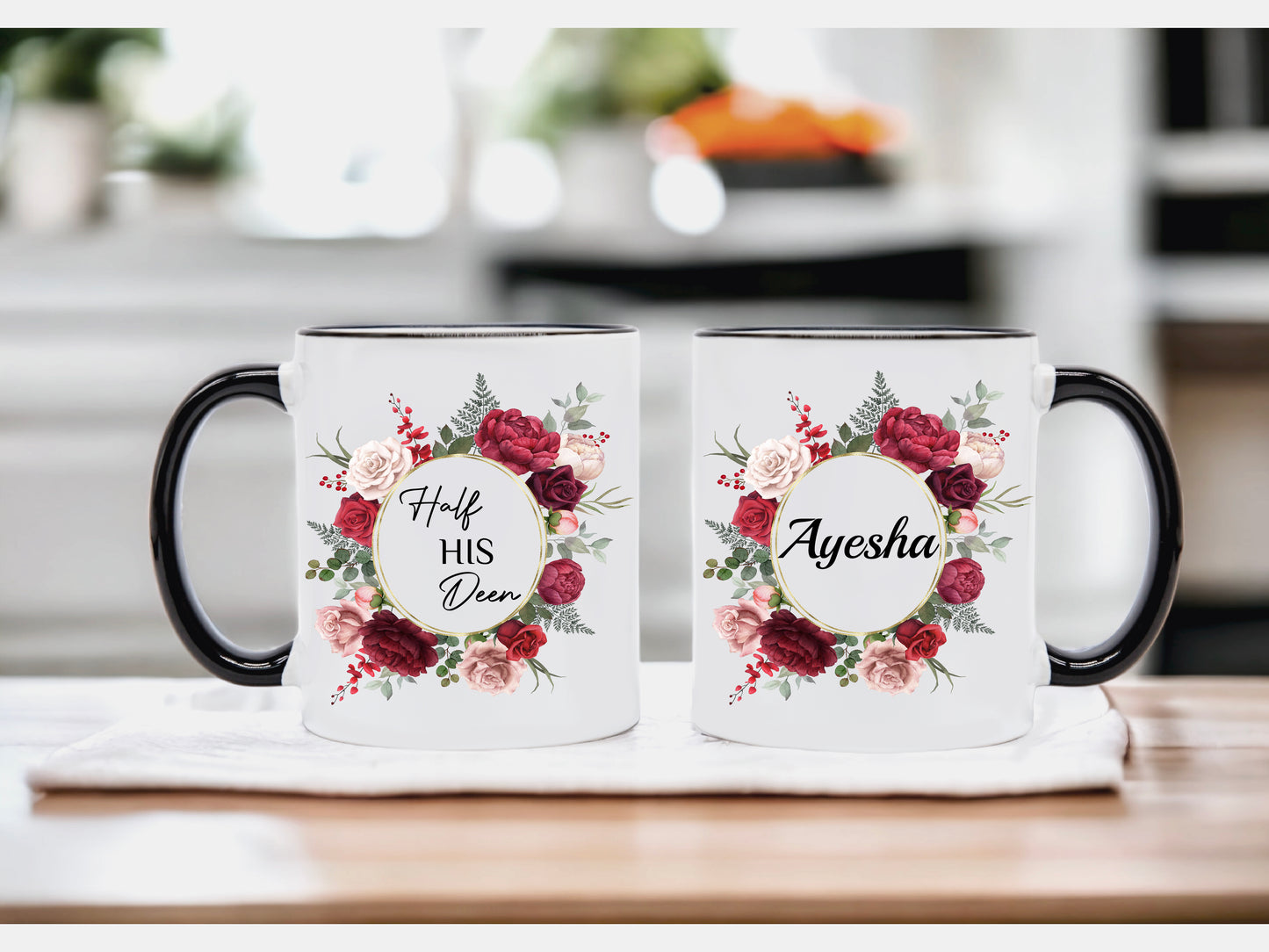 NEW Personalised Half her Deen (Husband) and Half his Deen (Wife) Mug set RED FLORAL FRAME