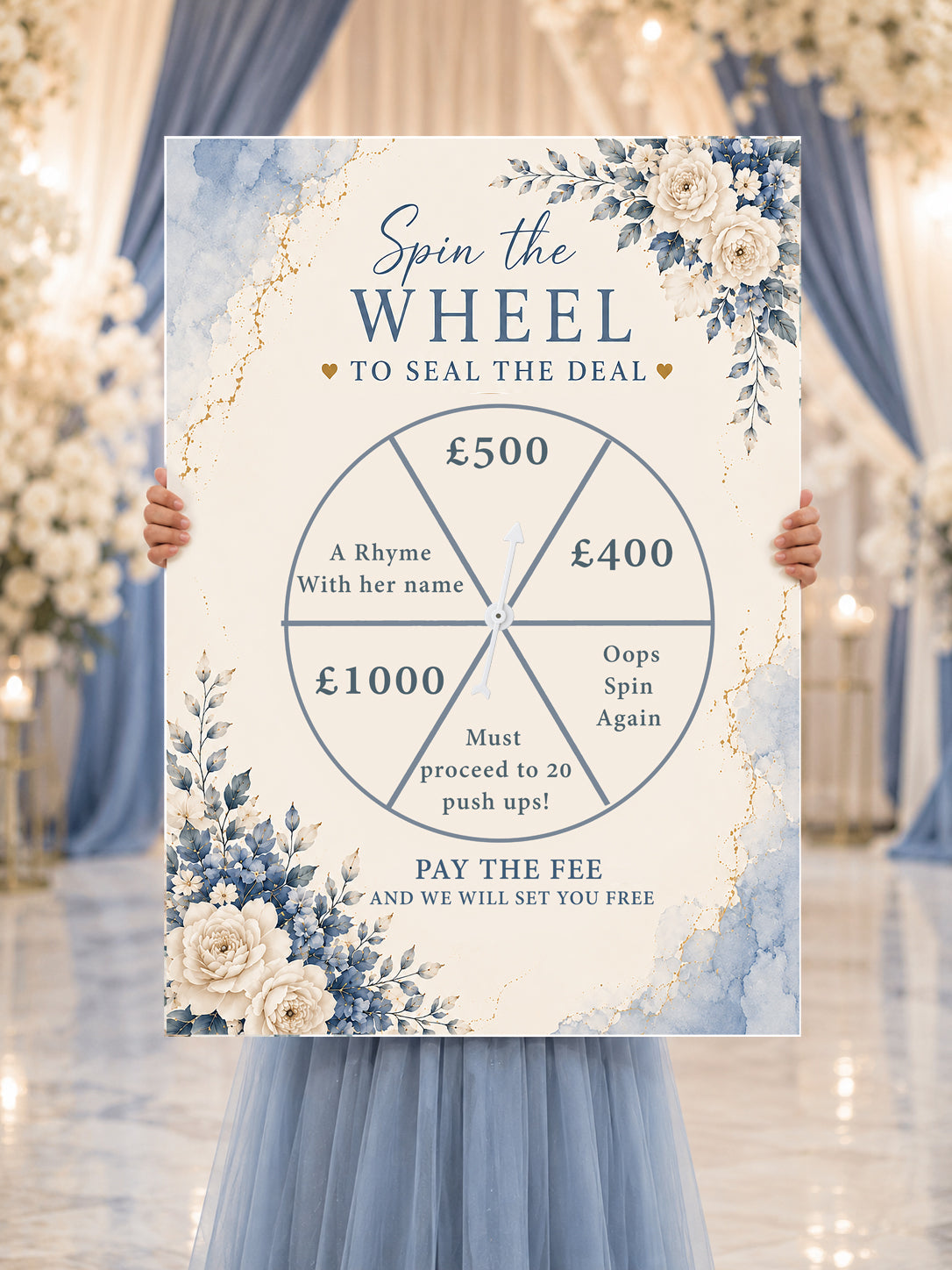 Spin the Wheel Gate Sign Floral Blue and Cream Gate Sign heart | Grooms Entrance Sign (Copy)