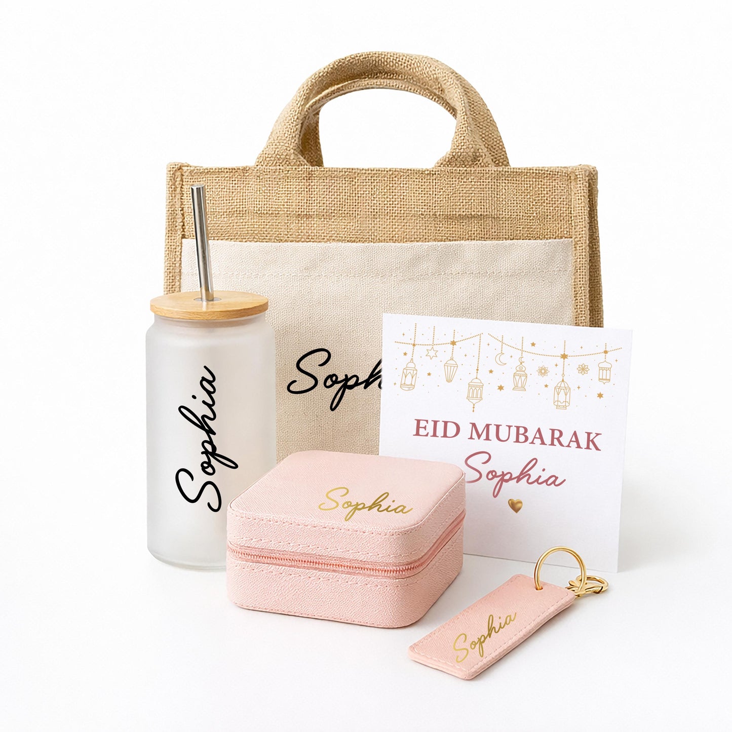 Personalised Eid Gift Set for Her | Eid Mubarak Gift Box | Custom Name Tumbler, Jewellery Box, Keyring & Tote Bag | Eid Gift for Daughter