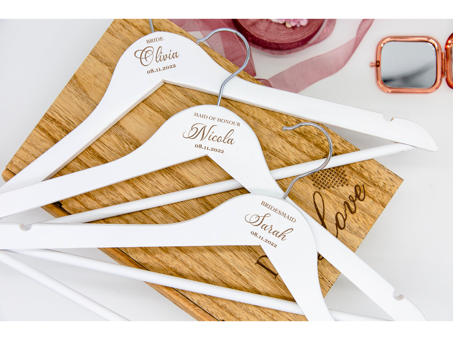 Personalised White Wooden Engraved Hangers | Bridal Shower Gift | Bride | Maid of Honour | Bridesmaid | Wedding Dress Hanger| Wedding date