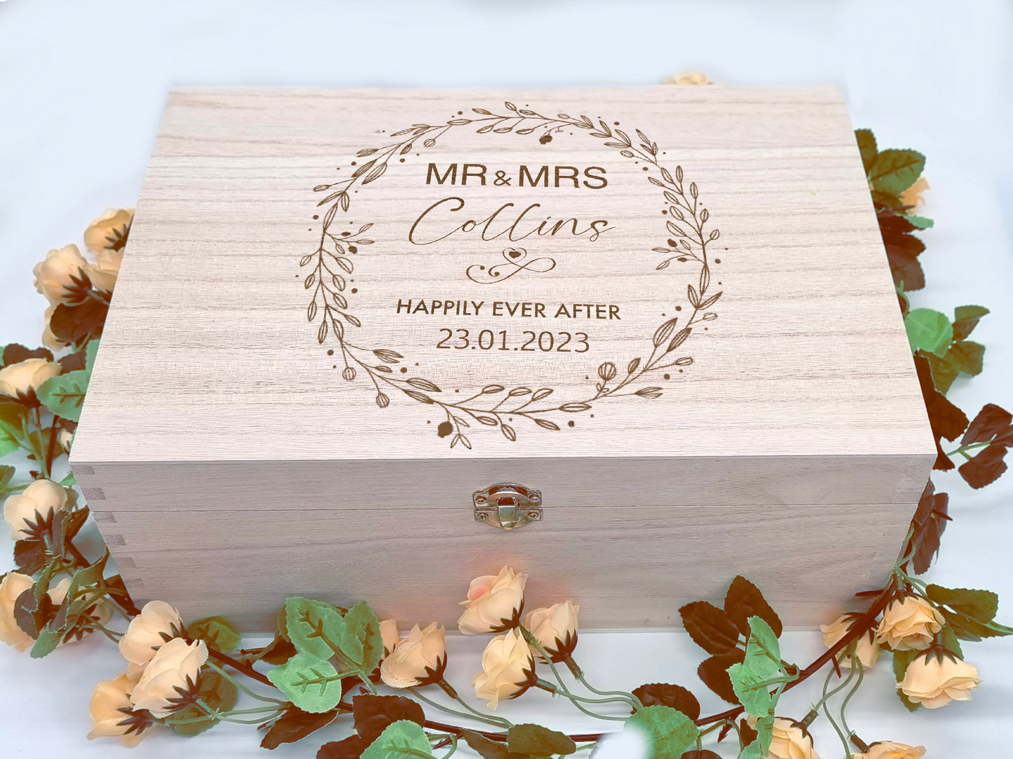 Engraved Wooden Keepsake Box | Mr & Mrs | Happily Ever After