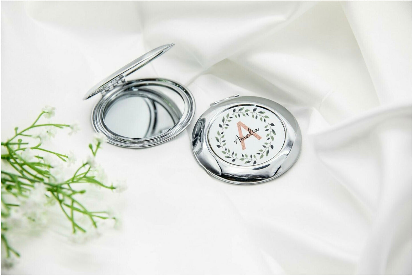Personalised Initial and Name Round Silver Compact Mirror