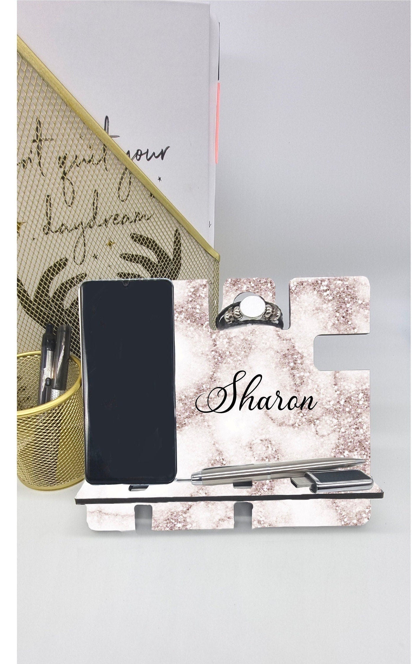 Personalised phone and watch stand for her | Desk Organiser