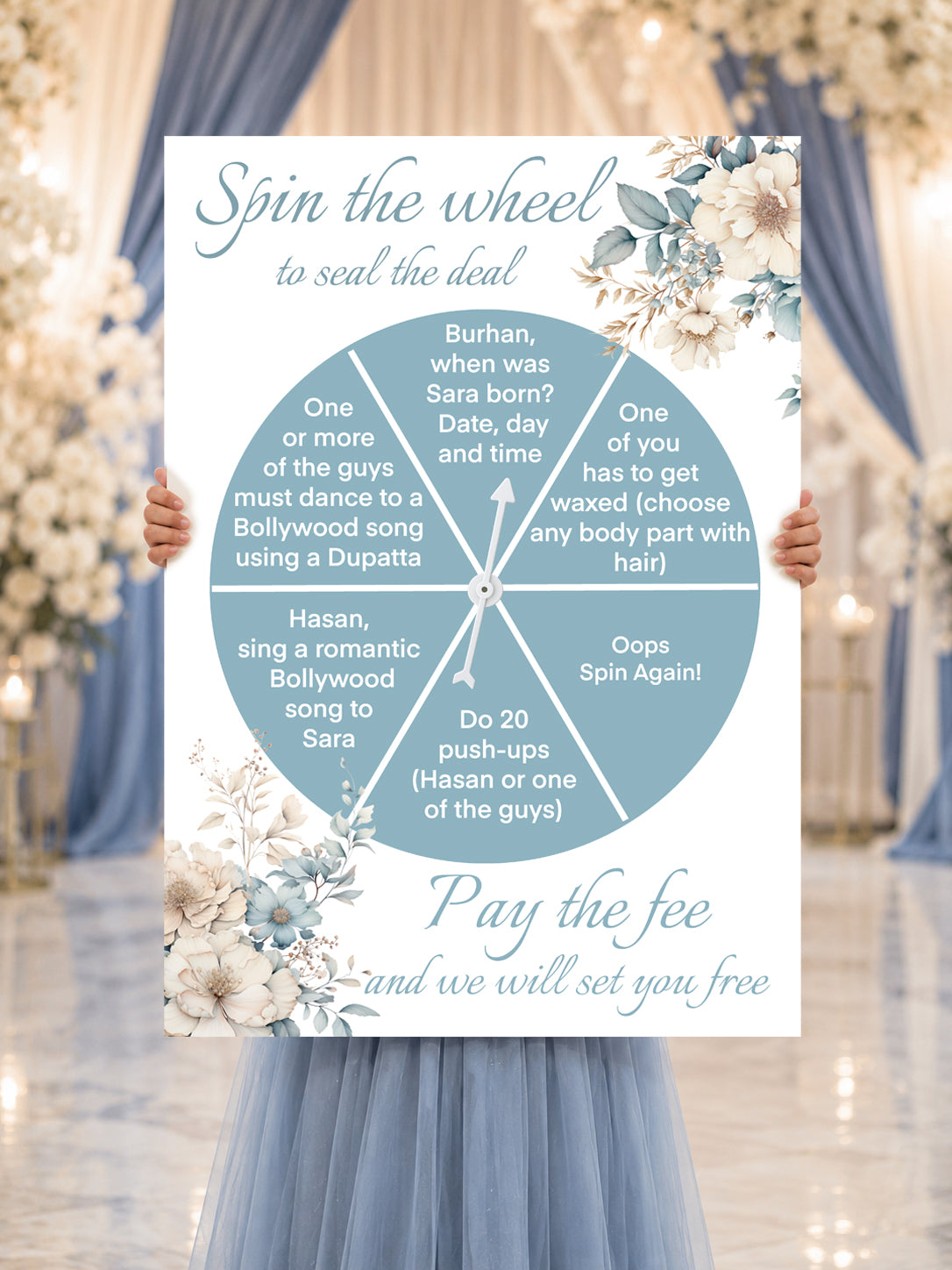 Spin the Wheel Gate Sign  Floral Blue and Cream Gate Sign | Grooms Entrance Sign