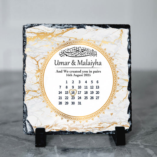 Personalised Wedding Islamic Frame Gift | Bismillah Nikkah Slate Frame | Calender Style Slate| Gold Print Design Calender Style | And we created You in pairs