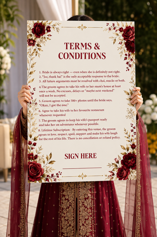 Terms & Conditions Wedding Signage Game| Groom Entrance gate Sign | Red Floral Theme | Desi Muslim Wedding Decor FOAM BOARD