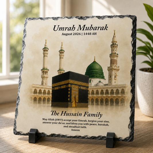 NEW Personalised Umrah Mubarak Rock Slate | Umrah Return Gift | Islamic Keepsake Plaque | Muslim Gift | Kaabah Slate | Custom Umrah Gift