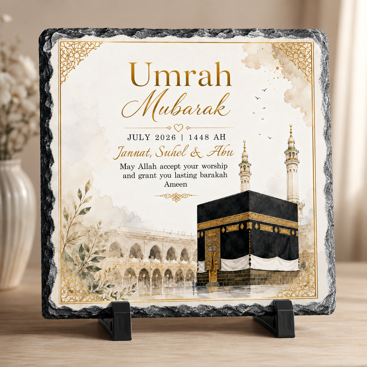 Personalised Umrah Mubarak Rock Slate | Umrah Return Gift | Islamic Keepsake Plaque | Muslim Gift | Kaabah Slate | Custom Umrah Gift