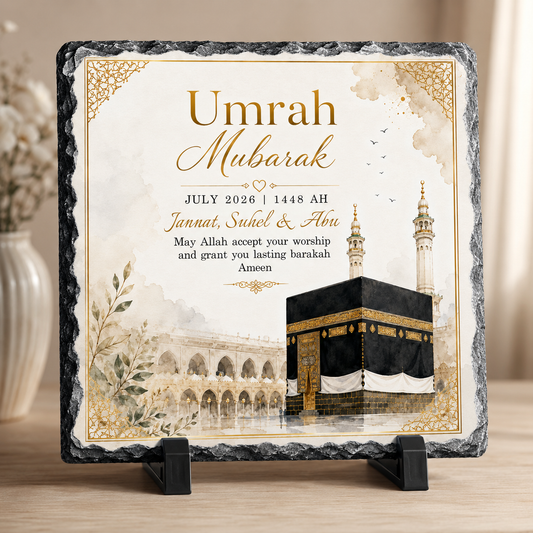 Personalised Umrah Mubarak Rock Slate | Umrah Return Gift | Islamic Keepsake Plaque | Muslim Gift | Kaabah Slate | Custom Umrah Gift
