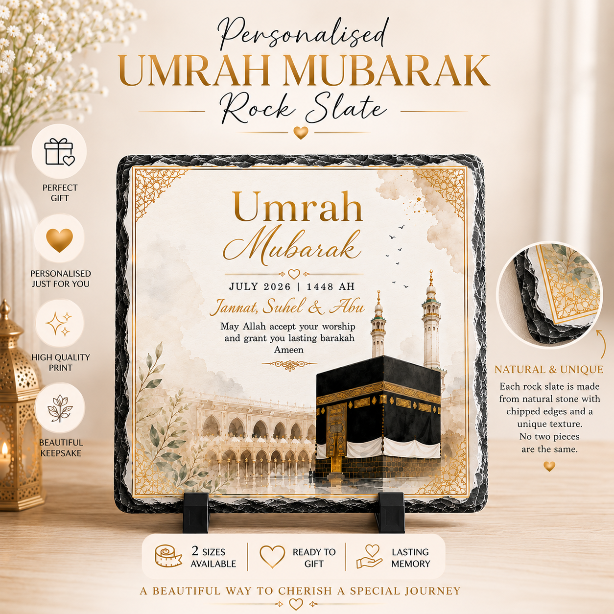 Personalised Umrah Mubarak Rock Slate | Umrah Return Gift | Islamic Keepsake Plaque | Muslim Gift | Kaabah Slate | Custom Umrah Gift