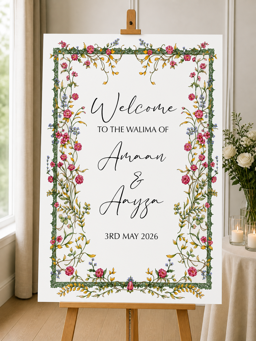 Personalised Wedding Sign | Foam Board Sign | A1 A2 Foam Board | Wedding Signage | Floral Pink | 5mm Thick Foam Board | Custom Wedding Sign | Walima Sign (Copy)