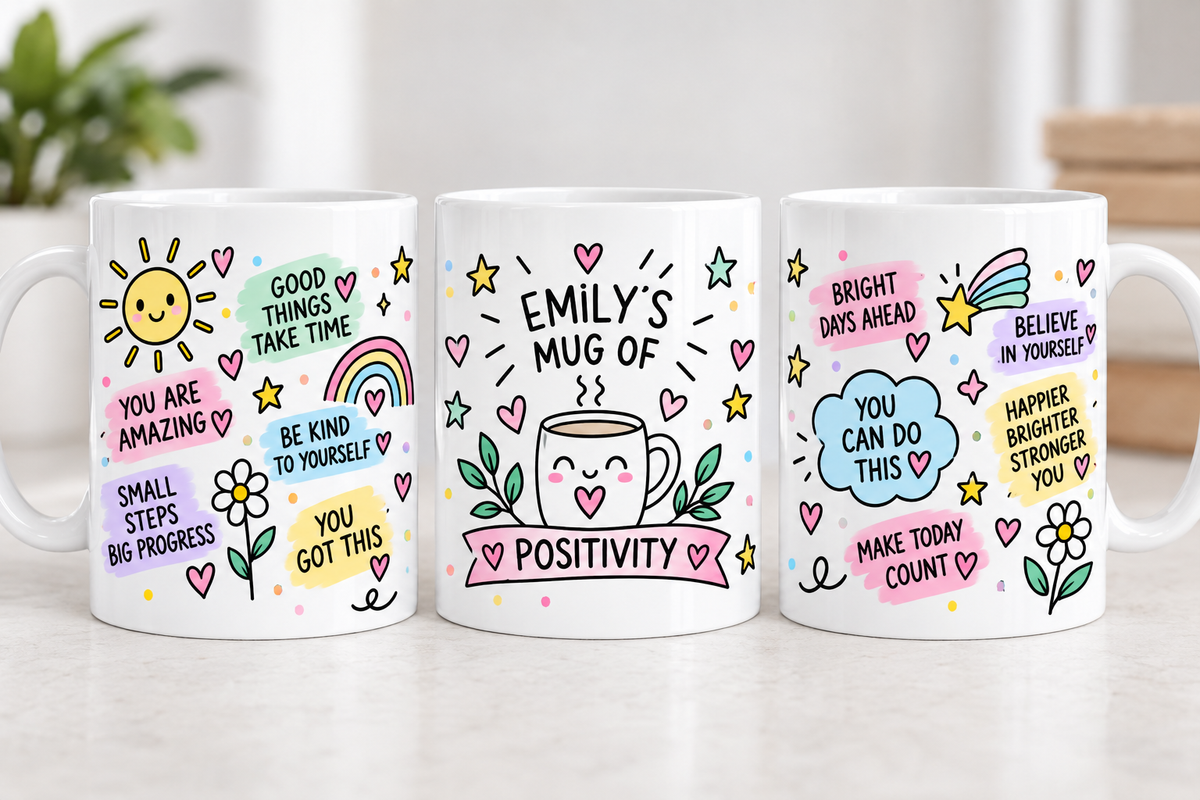 Personalised Positivity Mug, Inspirational Mug, Motivational Gift, Positive Vibes Mug, Self Care Mug, Gift for Her, Custom Name Mug