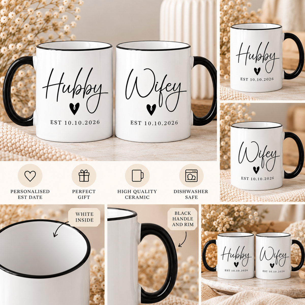 Hubby Wifey Mug Set | Wedding Gift for Couple | Mr and Mrs Coffee Mugs | Engagement Gift | Personalised Wedding Mugs | EST Date
