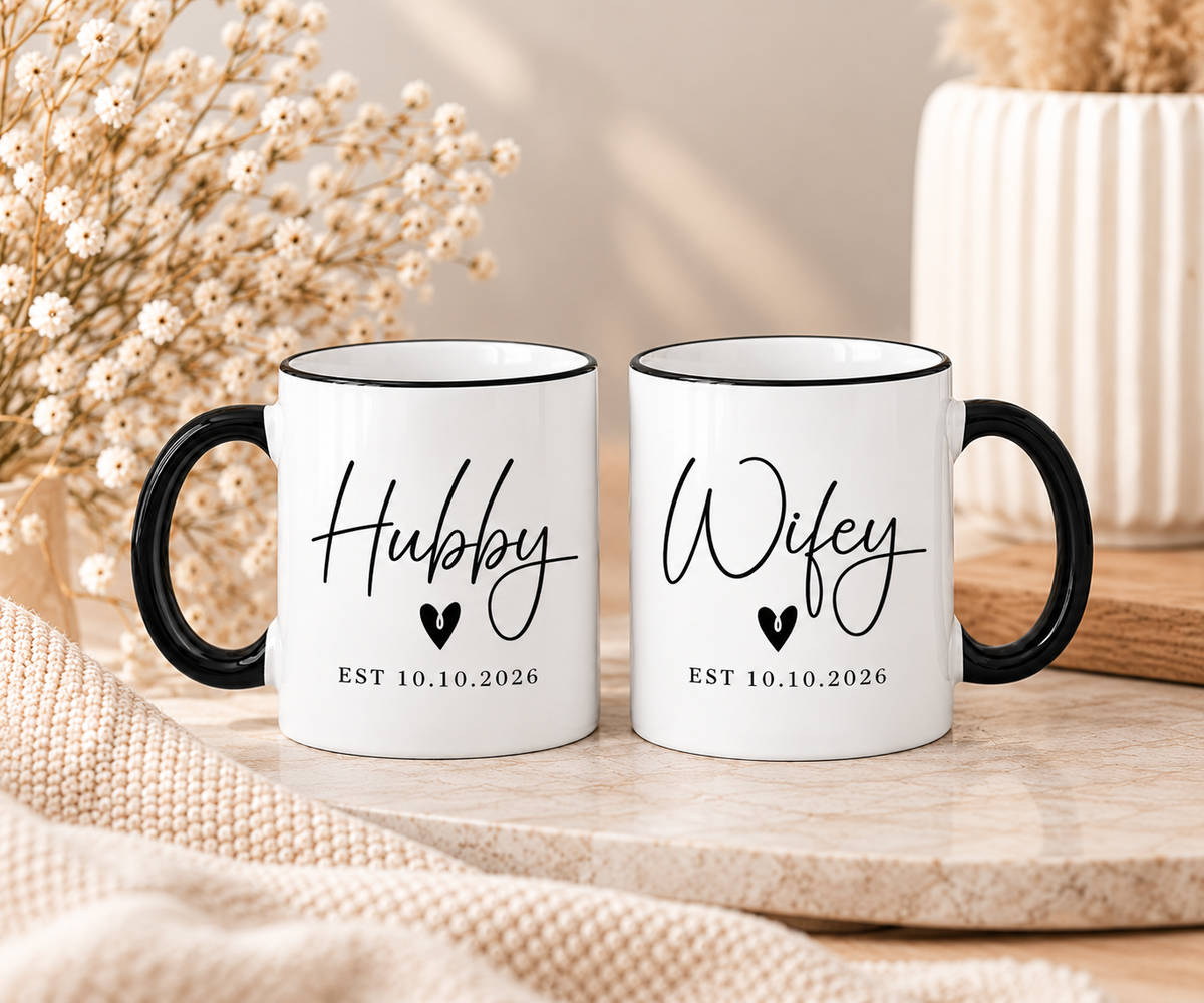 Hubby Wifey Mug Set | Wedding Gift for Couple | Mr and Mrs Coffee Mugs | Engagement Gift | Personalised Wedding Mugs | EST Date