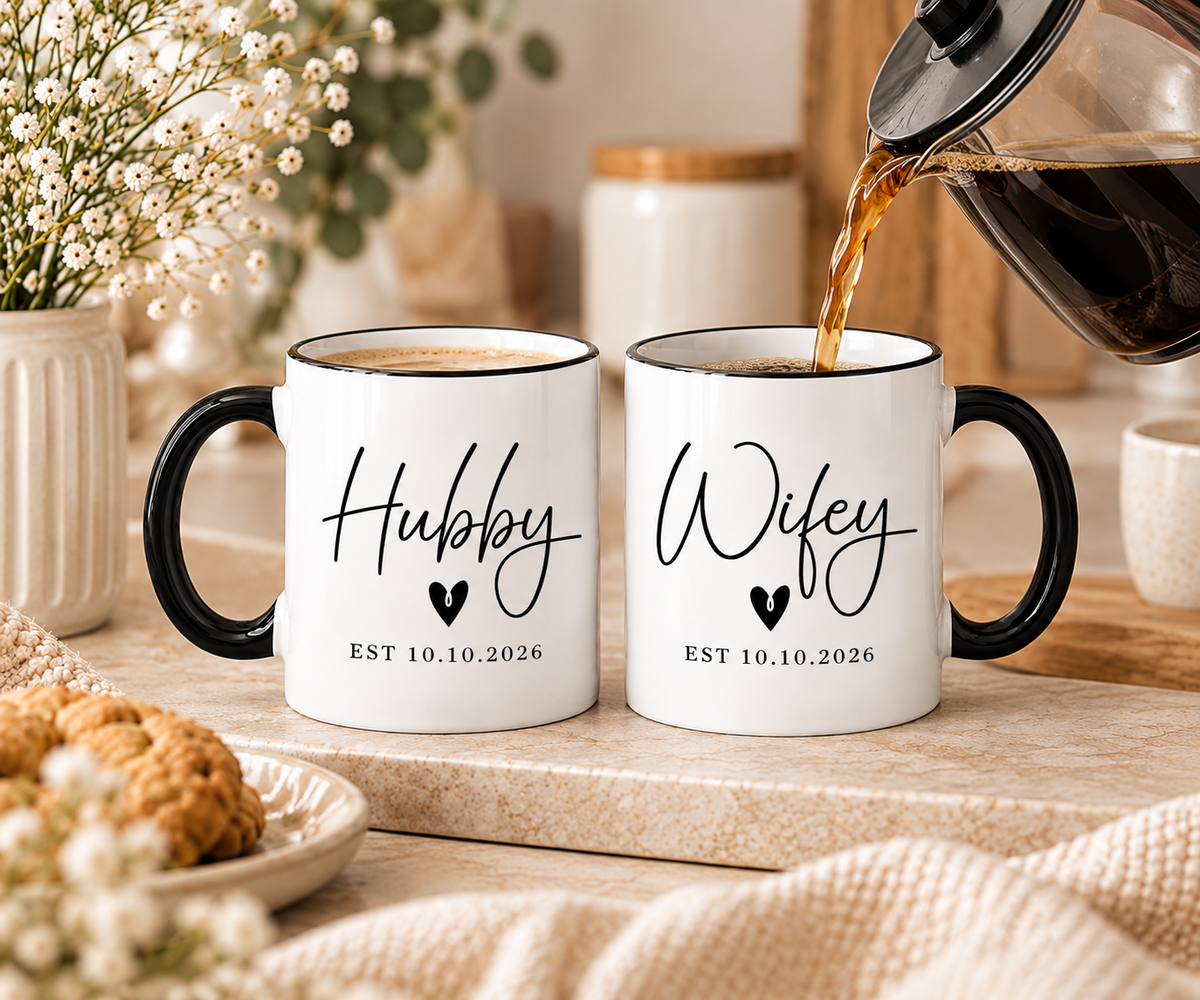 Hubby Wifey Mug Set | Wedding Gift for Couple | Mr and Mrs Coffee Mugs | Engagement Gift | Personalised Wedding Mugs | EST Date