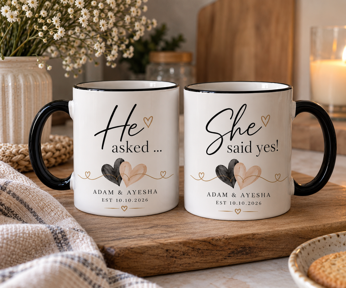 He Asked She Said Yes Mugs | Personalised Engagement Gift | Proposal Mug Set | Couple Coffee Mugs | Engagement Keepsake | EST Date