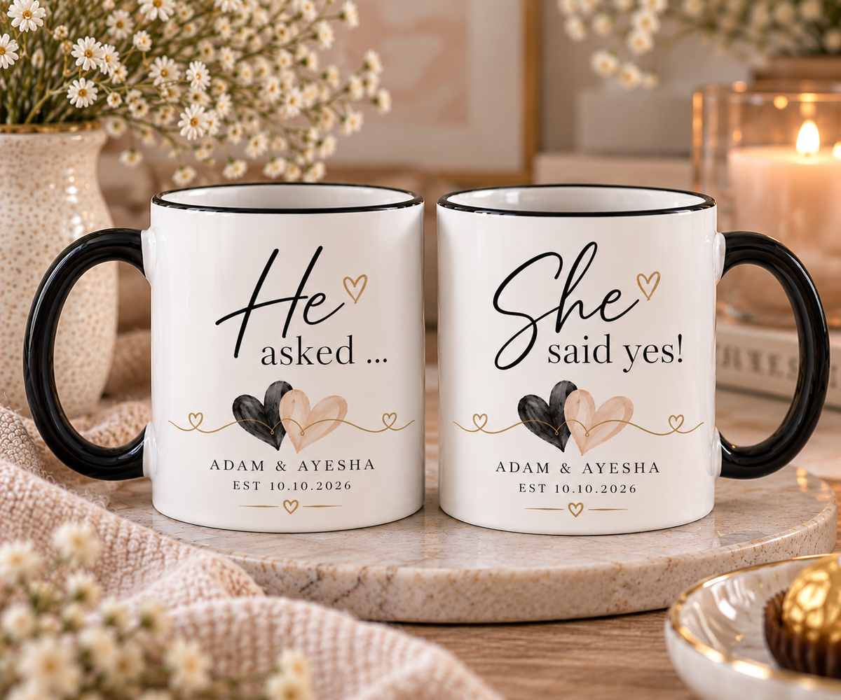 He Asked She Said Yes Mugs | Personalised Engagement Gift | Proposal Mug Set | Couple Coffee Mugs | Engagement Keepsake | EST Date