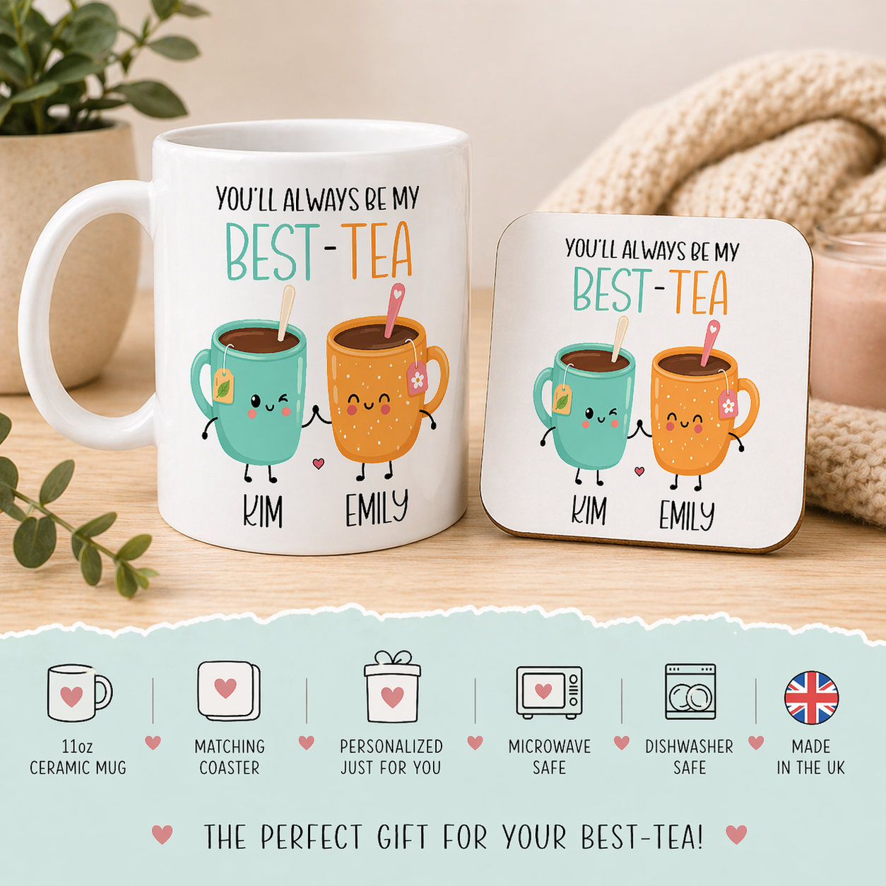 Personalised Best-Tea Mug • Custom Best Friends Mug • Cute Tea Mug Gift with Names • Best Friend Birthday Gift • Friendship Coffee Cup