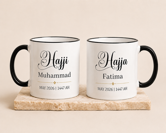 Personalised matching Hajj Mubarak Mugs  | Hajji & Hajja Mugs | Hajj Mubarak Gift Set