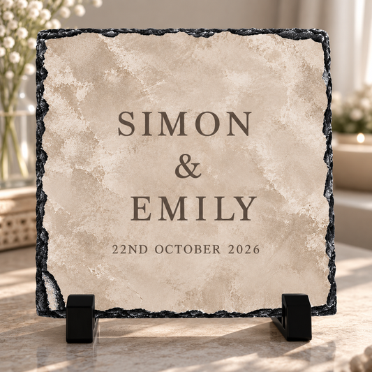 Personalised Wedding Rock Slate | Custom Couple Names & Date | Taupe Marble Effect Wedding Gift | Anniversary Keepsake | Newlywed Gift