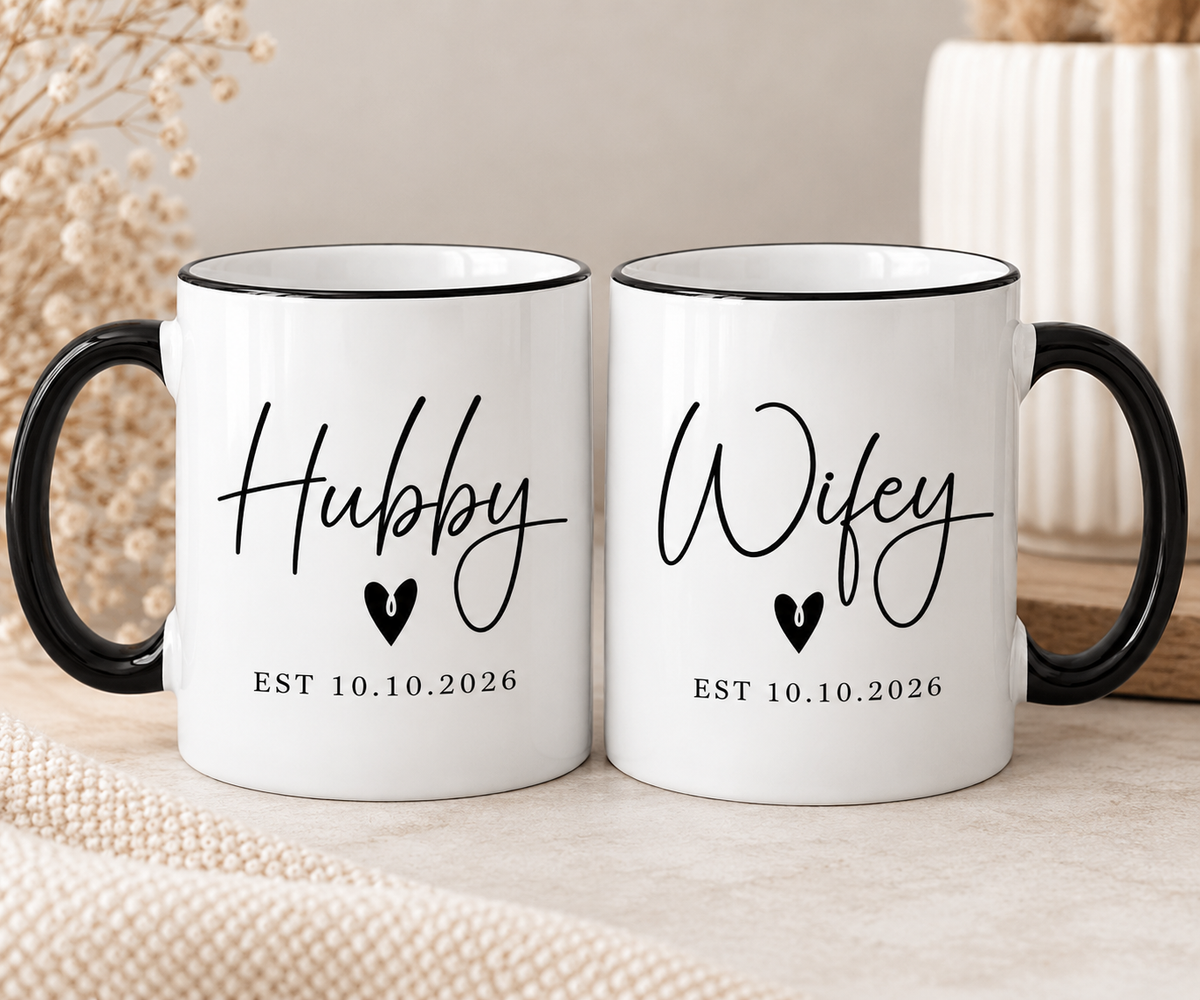 Hubby Wifey Mug Set | Wedding Gift for Couple | Mr and Mrs Coffee Mugs | Engagement Gift | Personalised Wedding Mugs | EST Date