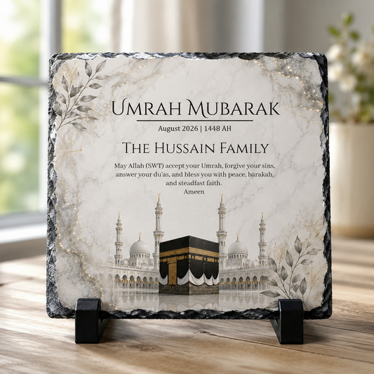 Personalised Grey effect Umrah Mubarak Slate Plaque | Custom Umrah Gift | Islamic Kaaba Keepsake | Hajj & Umrah Congratulations Gift | Muslim Home Decor