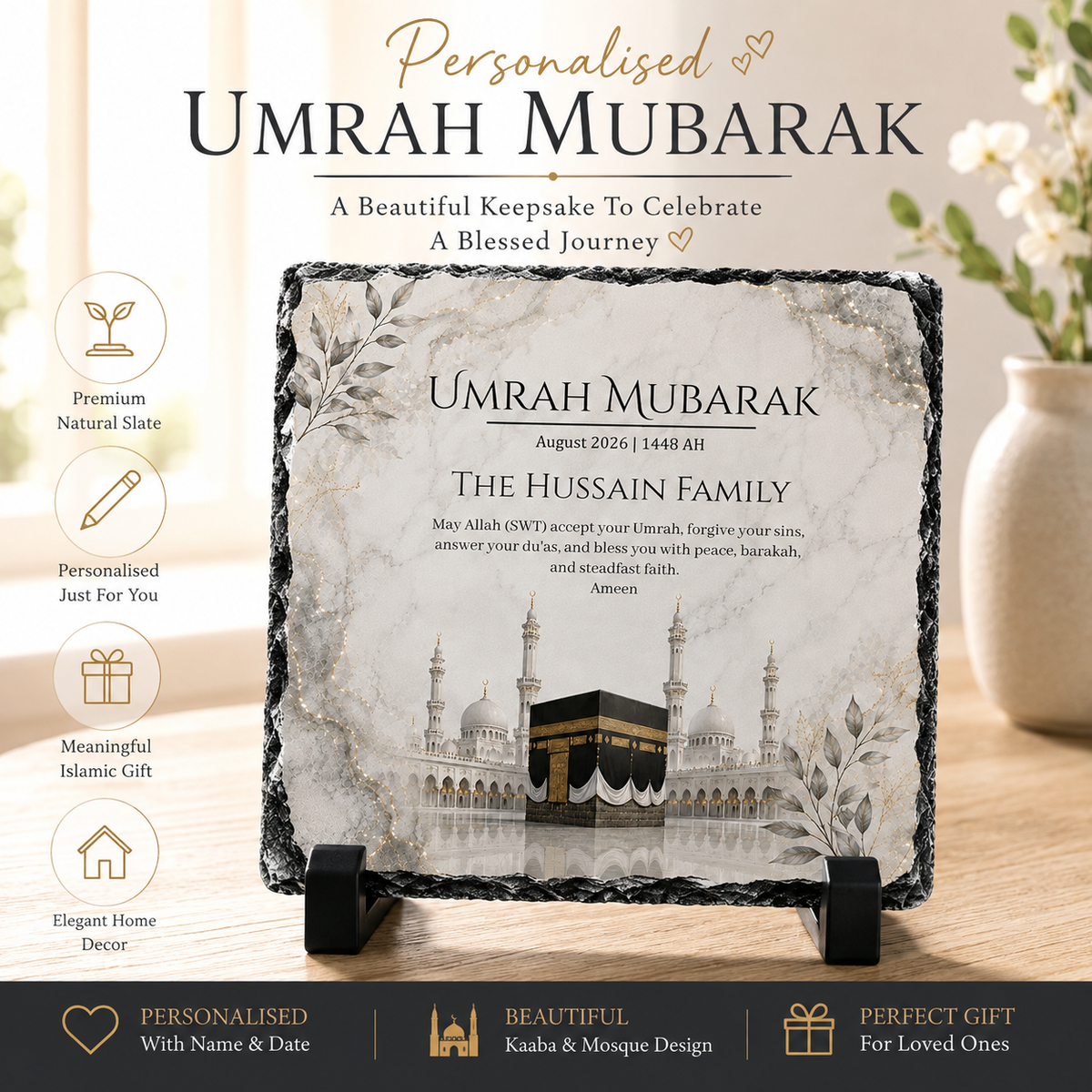 Personalised Grey effect Umrah Mubarak Slate Plaque | Custom Umrah Gift | Islamic Kaaba Keepsake | Hajj & Umrah Congratulations Gift | Muslim Home Decor