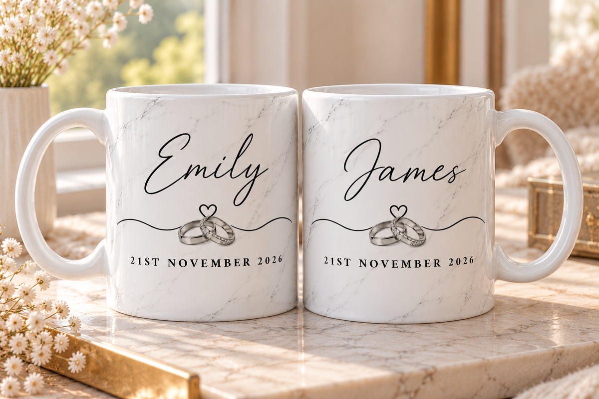 Personalised Wedding Mugs | Couple Name Mugs | Marble Effect Engagement Gift | Wedding Keepsake Set of 2