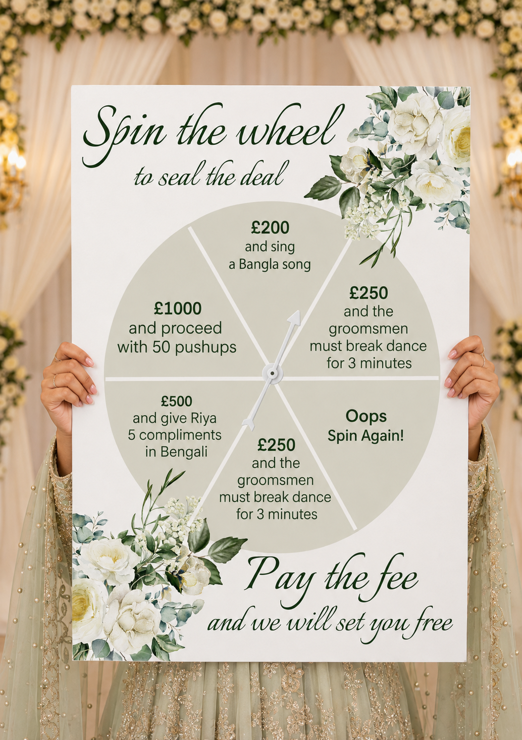 Spin the Wheel Gate Sign | Floral White and Green theme | Fun Games Groom Entrance Sign
